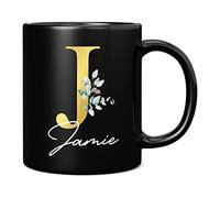 Personalised Letter J Floral Mug Initial with Name, Customised Gift, Gold Effect Printed Letter, NOT Metallic - Ceramic Coffee Cup for Men or Women, Extra Large and Giant Mug, 11oz Black Mug