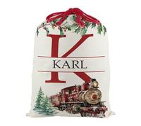 Personalised Letter K Christmas Santa Sack, Extra Large Alphabet Stocking Gift Bag with Red Drawstring Ties for Xmas Gifts - Watercolour Steam Train