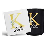 Personalised Letter K Floral Mug Initial with Name, Customised Gift, Gold Effect Printed Letter, NOT Metallic - Ceramic Coffee Cup for Men or Women, Extra Large and Giant Mug, 15oz Black Cup & Coaster