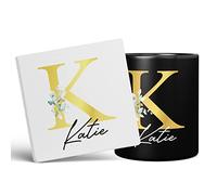 Personalised Letter K Floral Mug Initial with Name, Customised Gift, Gold Effect Printed Letter, NOT Metallic - Ceramic Coffee Cup for Men or Women, Extra Large and Giant Mug, 11oz Black Cup & Coaster