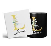 Personalised Letter L Floral Mug Initial with Name, Customised Gift, Gold Effect Printed Letter, NOT Metallic - Ceramic Coffee Cup for Men or Women, Extra Large and Giant Mug, 11oz Black Cup & Coaster