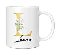 Personalised Letter L Floral Mug Initial with Name, Customised Gift, Gold Effect Printed Letter, NOT Metallic - Ceramic Coffee Cup for Men or Women, Extra Large and Giant Mug, 20oz White Cup