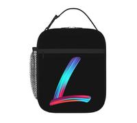 Personalised Letter Lunch Bag with Your Name Print, Custom Black Lunch Box with Initial Words for Adults Kids to Work School, Thermal Insulated Tote Bag with Mesh Pocket Water Bottle Holder, Letter L