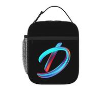 Personalised Letter Lunch Bag with Your Name Print, Custom Black Lunch Box with Initial Words for Adults Kids to Work School, Thermal Insulated Tote Bag with Mesh Pocket Water Bottle Holder, Letter D