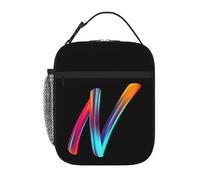 Personalised Letter Lunch Bag with Your Name Print, Custom Black Lunch Box with Initial Words for Adults Kids to Work School, Thermal Insulated Tote Bag with Mesh Pocket Water Bottle Holder, Letter N