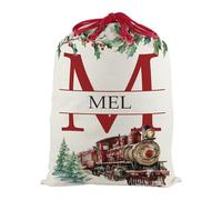 Personalised Letter M Christmas Santa Sack, Extra Large Alphabet Stocking Gift Bag with Red Drawstring Ties for Xmas Gifts - Watercolour Steam Train