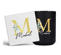 Personalised Letter M Floral Mug Initial with Name, Customised Gift, Gold Effect Printed Letter, NOT Metallic - Ceramic Coffee Cup for Men or Women, Extra Large and Giant Mug, 15oz Black Cup & Coaster