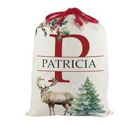 Personalised Letter P Christmas Santa Sack, Extra Large Alphabet Stocking Gift Bag with Red Drawstring Ties for Xmas Gifts - Watercolour Reindeer