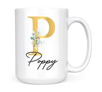 Personalised Letter P Floral Mug Initial with Name, Customised Gift, Gold Effect Printed Letter, NOT Metallic - Ceramic Coffee Cup for Men or Women, Extra Large and Giant Mug, 15oz White Cup