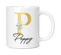Personalised Letter P Floral Mug Initial with Name, Customised Gift, Gold Effect Printed Letter, NOT Metallic - Ceramic Coffee Cup for Men or Women, Extra Large and Giant Mug, 11oz White Cup