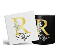 Personalised Letter R Floral Mug Initial with Name, Customised Gift, Gold Effect Printed Letter, NOT Metallic - Ceramic Coffee Cup for Men or Women, Extra Large and Giant Mug, 11oz Black Cup & Coaster