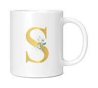 Personalised Letter S Floral Mug Initial, Customised Gift, Gold Effect Printed Letter, NOT Metallic - Ceramic Coffee Cup for Men or Women, Extra Large and Giant Mug, 20oz White Cup