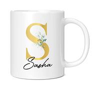 Personalised Letter S Floral Mug Initial with Name, Customised Gift, Gold Effect Printed Letter, NOT Metallic - Ceramic Coffee Cup for Men or Women, Extra Large and Giant Mug, 11oz White Cup