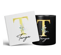 Personalised Letter T Floral Mug Initial with Name, Customised Gift, Gold Effect Printed Letter, NOT Metallic - Ceramic Coffee Cup for Men or Women, Extra Large and Giant Mug, 11oz Black Cup & Coaster