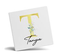 Personalised Letter T Floral Mug Initial with Name, Customised Gift, Gold Effect Printed Letter, NOT Metallic - Ceramic Coffee Cup for Men or Women, Extra Large and Giant Mug, Coaster