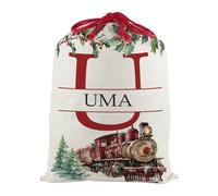 Personalised Letter U Christmas Santa Sack, Extra Large Alphabet Stocking Gift Bag with Red Drawstring Ties for Xmas Gifts - Watercolour Steam Train