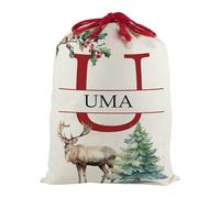 Personalised Letter U Christmas Santa Sack, Extra Large Alphabet Stocking Gift Bag with Red Drawstring Ties for Xmas Gifts - Watercolour Reindeer
