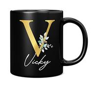 Personalised Letter V Floral Mug Initial with Name, Customised Gift, Gold Effect Printed Letter, NOT Metallic - Ceramic Coffee Cup for Men or Women, Extra Large and Giant Mug, 11oz Black Cup