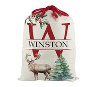 Personalised Letter W Christmas Santa Sack, Extra Large Alphabet Stocking Gift Bag with Red Drawstring Ties for Xmas Gifts - Watercolour Reindeer