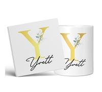 Personalised Letter Y Floral Mug Initial with Name, Customised Gift, Gold Effect Printed Letter, NOT Metallic - Ceramic Coffee Cup for Men or Women, Extra Large and Giant Mug, 11oz White Cup & Coaster
