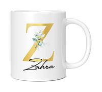 Personalised Letter Z Floral Mug Initial with Name, Customised Gift, Gold Effect Printed Letter, NOT Metallic - Ceramic Coffee Cup for Men or Women, Extra Large and Giant Mug, 11oz White Cup