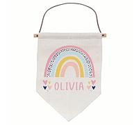 Personalised Linen Flag Gift | Rainbow Theme Kids Nursery Bedroom Hanging Home Decor Wall Art | Custom Name & Colour Profile