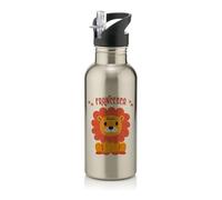 Personalised Lion cartoon Animal theme, Back to School Gift, Gift For Kids, Stainless Steel 600ml Water Bottle with Straw. (Silver)
