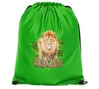 Personalised Lion Drawstring Bag for Kids Safari Jungle Animal Custom Name Back to School Boys Girls Infants PE Sports, One Size, Lime Green