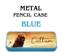 Personalised Lion Themed Metal Pencil Case Tin,Back to School,Christmas Custom Gift. (Blue)