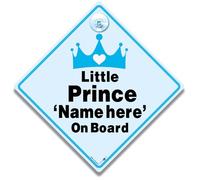 Personalised Little Prince Baby on Board Car Sign, Customisable Name, Blue Crown Design, 14 x 14 cm Window Display with Suction Cup