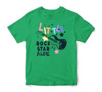 Personalised Little Rock Star Kids T Shirt Music Electric Guitar Bands Custom Name Boy Girl Tee Top, 3-4 Years, Irish Green