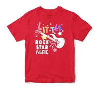 Personalised Little Rock Star Kids T Shirt Music Electric Guitar Bands Custom Name Boy Girl Tee Top, 3-4 Years, Red