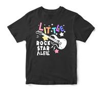 Personalised Little Rock Star Kids T Shirt Music Electric Guitar Bands Custom Name Boy Girl Tee Top, 9-11 Years, Black