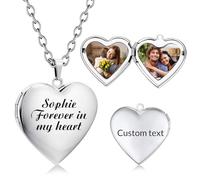 Personalised Locket Necklace with Picture Inside - Custom Photo Heart Locket Necklace with Engraved Text, Personalised Jewellery Gifts for Women and Girls (Silver)