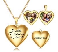 Personalised Locket Necklace with Picture Inside - Custom Photo Heart Locket Necklace with Engraved Text, Personalised Jewellery Gifts for Women and Girls (Gold)