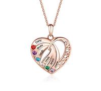 Personalised Love Heart Sterling Silver Rose Gold Necklace for Women Cusume Jewellery Pendant for Mum Grandma BFF Name Necklace Chain Customised Gifts 6 Simulated Birthstone Engraved Names Necklaces