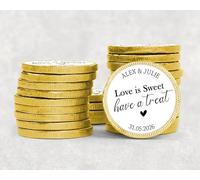Personalised Love is Sweet Chocolate Coin Wedding Favours - Custom Name & Date Stickers - Chocolate Wedding Guest Gifts - 24 stickers
