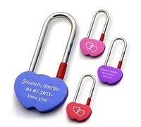 Personalised Love Lock for Her Engraved Padlock for Him Girls Couples Lover Custom Gift for Birthday Trip Travel Anniversary Wedding Valentines Day in Double Heart Shape (Blue)