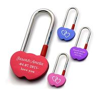 Personalised Love Lock for Her Engraved Padlock for Him Girls Couples Lover Custom Gift for Birthday Trip Travel Anniversary Wedding Valentines Day in Double Heart Shape (Red)