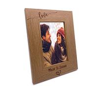 Personalised Love Photo Frame Gift Swish Heart Portrait Engraved Wooden (5 x 7 Inch) Brown