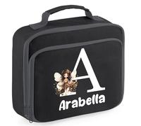Personalised Lunch Box Bag with Initial and Name for Girls 5 Different Design Styles (Black Lunch Bag)