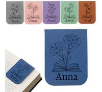 Personalised Magnetic Bookmark, Custom Name Magnetic Bookmark with Birth Flower for Books, Journals & Bibles, Custom Leather Book Marks for Book Lovers, Teacher, Valentine's Day (Blue)