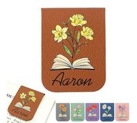 Personalised Magnetic Bookmark, Custom Name Magnetic Bookmark with Birth Flower for Books, Journals & Bibles, Custom Leather Book Marks for Book Lovers, Teacher, Valentine's Day (Brown)