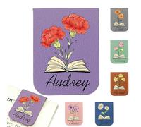 Personalised Magnetic Bookmark, Custom Name Magnetic Bookmark with Birth Flower for Books, Journals & Bibles, Custom Leather Book Marks for Book Lovers, Teacher, Valentine's Day (Purple)