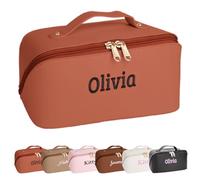 Personalised Make Up Bags with Embroidered Name Cosmetic Bags for Women Travel Toiletry Bag Handbags Makeup Pouch Custom Makeup Bag Leather Present for Girls and Ladies (Orange red)