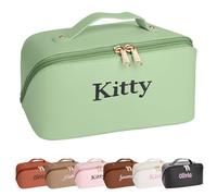 Personalised Make Up Bags with Embroidered Name Cosmetic Bags for Women Travel Toiletry Bag Handbags Makeup Pouch Custom Makeup Bag Leather Present for Girls and Ladies (Green)