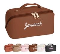 Personalised Make Up Bags with Embroidered Name Cosmetic Bags for Women Travel Toiletry Bag Handbags Makeup Pouch Custom Makeup Bag Leather Present for Girls and Ladies (Dark Brown)