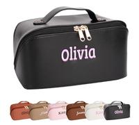 Personalised Make Up Bags with Embroidered Name Cosmetic Bags for Women Travel Toiletry Bag Handbags Makeup Pouch Custom Makeup Bag Leather Present for Girls and Ladies (Black)