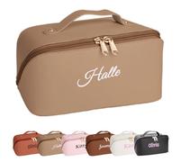 Personalised Make Up Bags with Embroidered Name Cosmetic Bags for Women Travel Toiletry Bag Handbags Makeup Pouch Custom Makeup Bag Leather Present for Girls and Ladies (Light Brown)