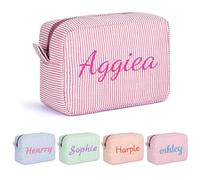 Personalised Make Up Bags with Embroidered Name Large Capacity Cosmetic Bags for Women Travel Toiletry Bag Makeup Pouch Handbags Custom Makeup Bag Cotton Birthday Gift for Girls and Ladies (Red)